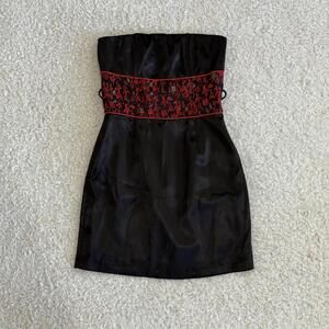 Vtg Y2K Forever 21 Strapless Black & red Satin Mini Dress (Sz S) *missing sash*